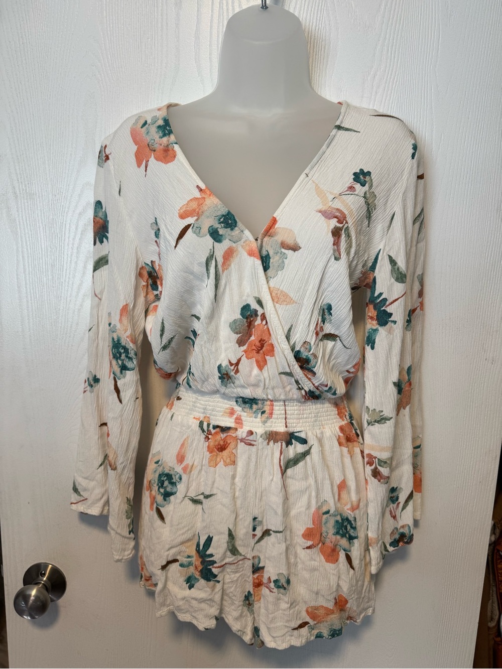 O'Neill Cream Romper with Coral and Teal Floral Print - Size Small